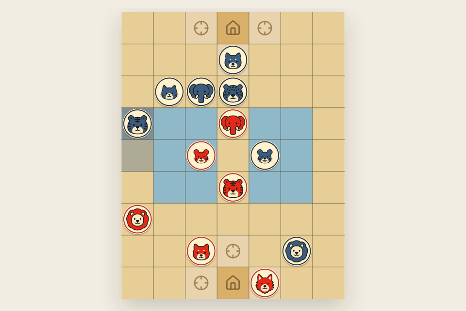 A Jungle Chess board in mid-game, red and black animals around the two rivers.