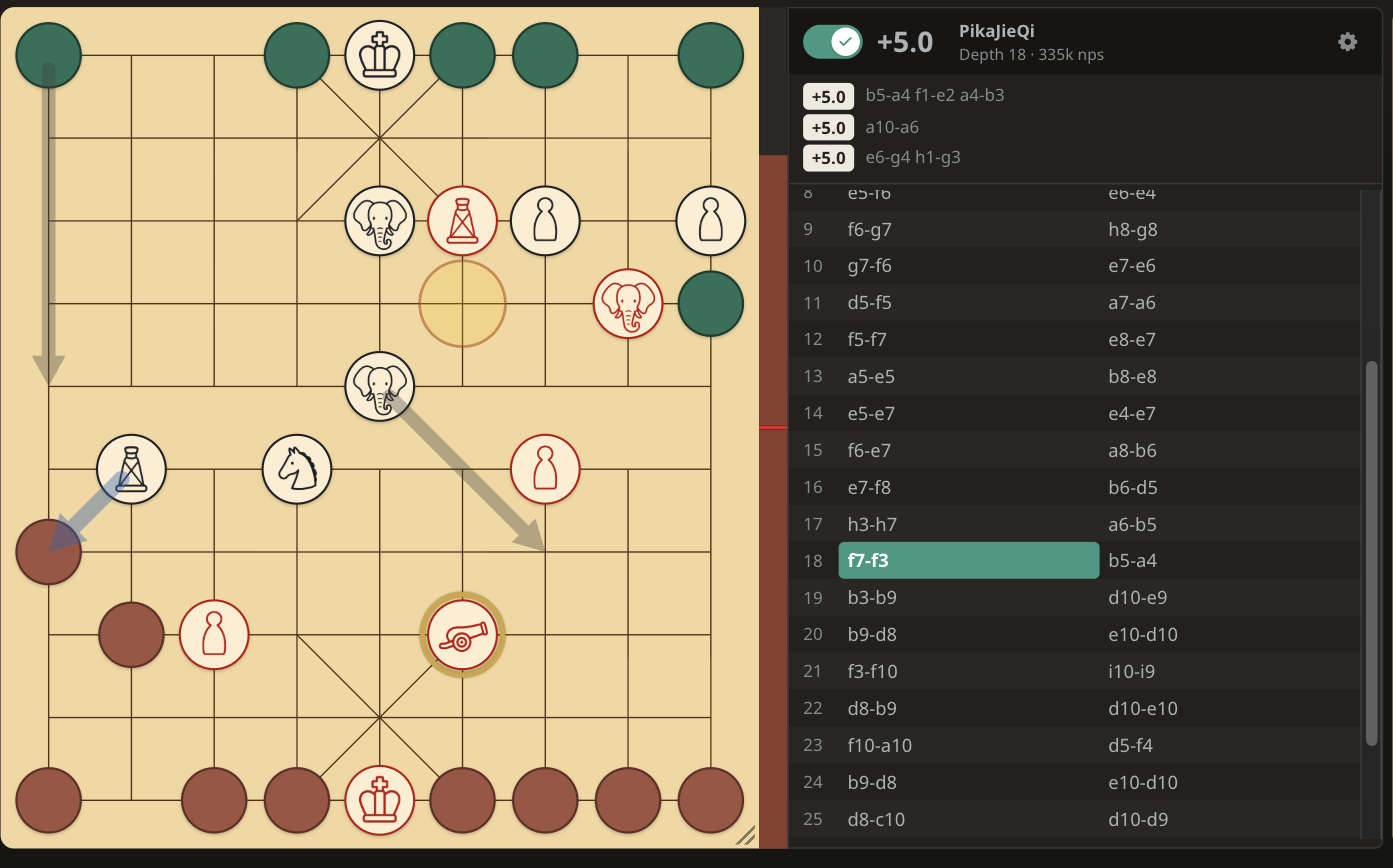 打開本機引擎後的分析棋盤：PikaJieQi 深度 18，每秒 335,000 個節點，三條候選變化各帶一個評分，並在揭棋棋盤上分別畫出箭頭。
