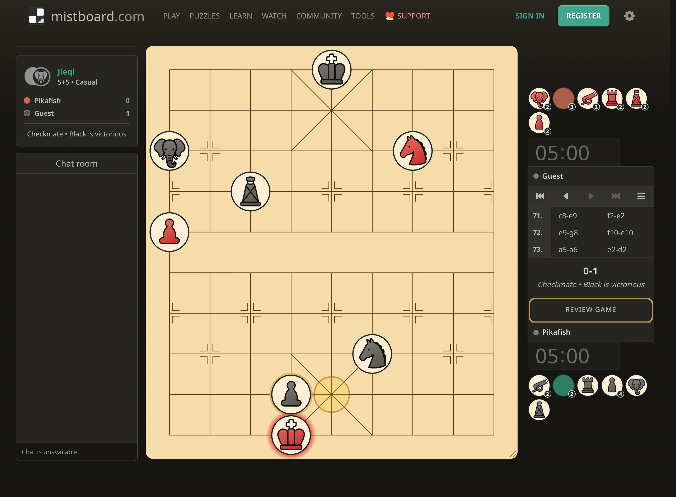 The finished Jieqi game with the Review game button below the result.