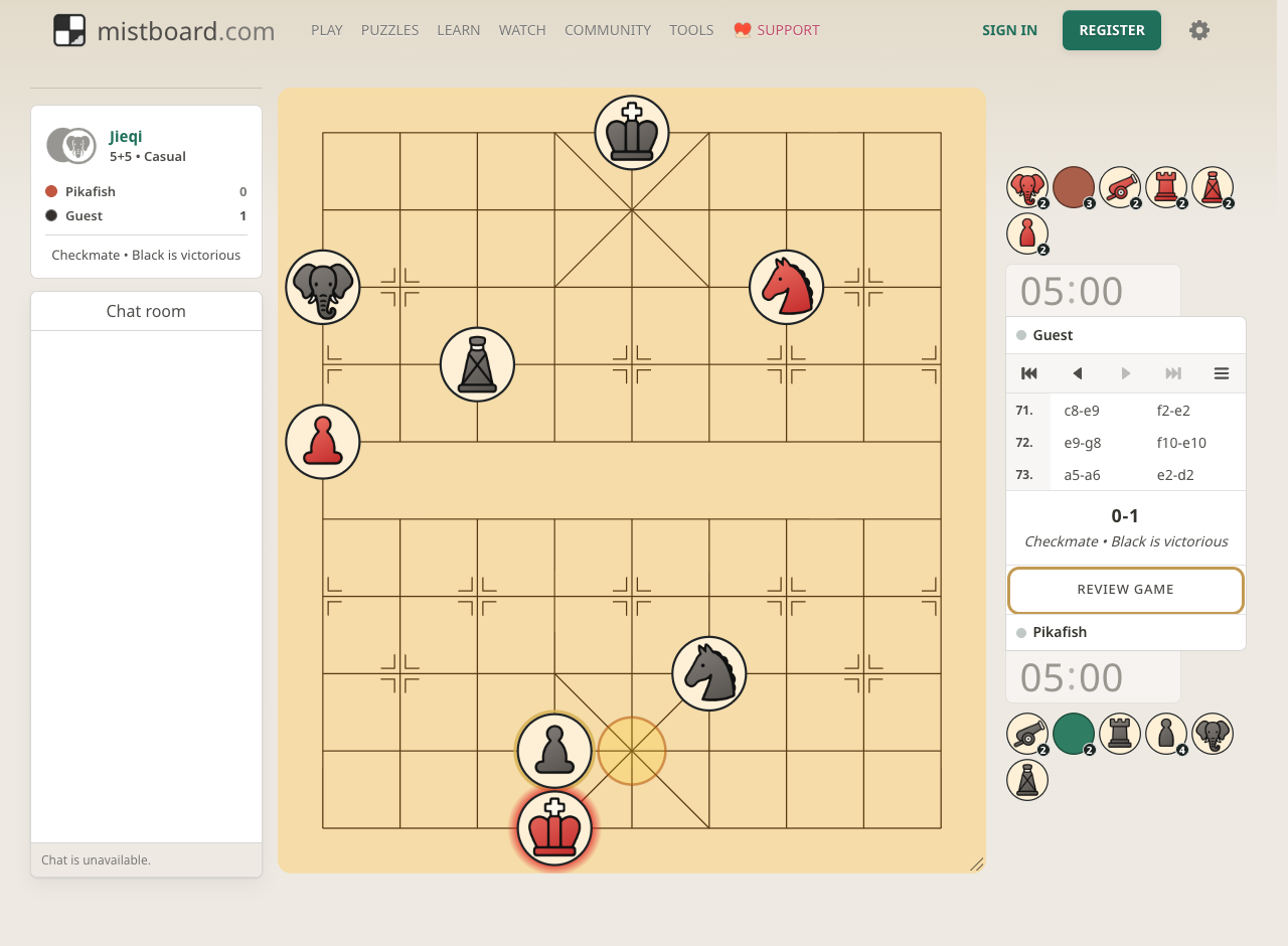 The finished Jieqi game with the Review game button below the result.