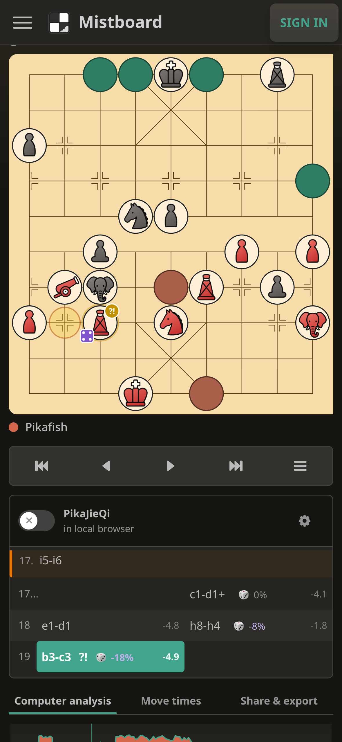 The same Jieqi review on a phone, with move-quality and reveal-luck annotations.