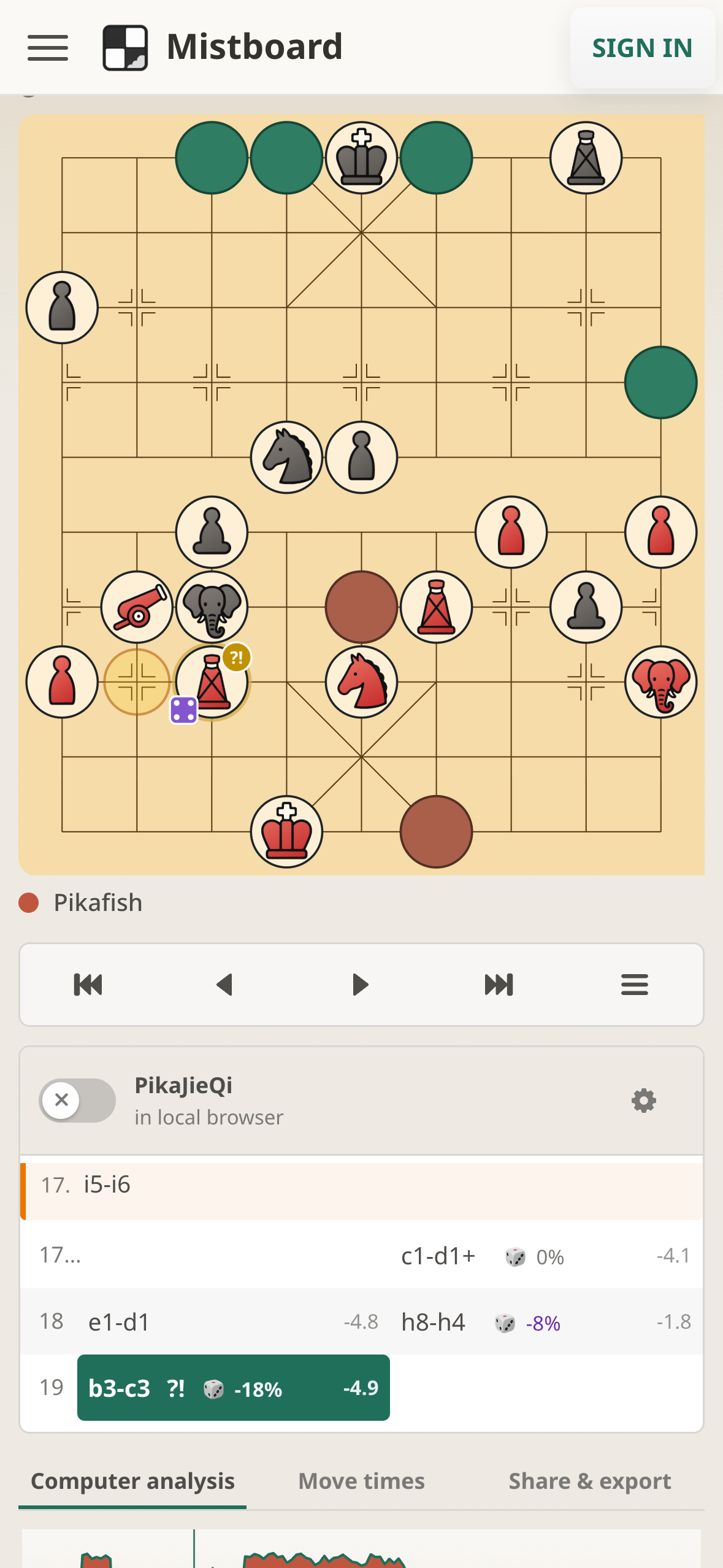 The same Jieqi review on a phone, with move-quality and reveal-luck annotations.
