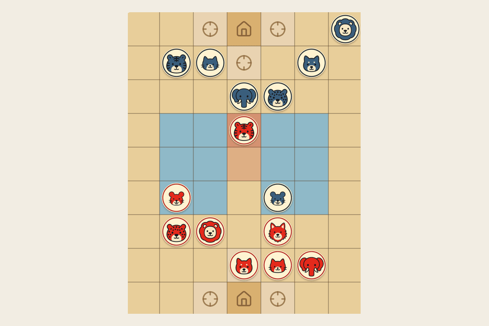 A Jungle Chess board: Red’s tiger alone on the d-file between the two lakes, Blue’s elephant directly above it.