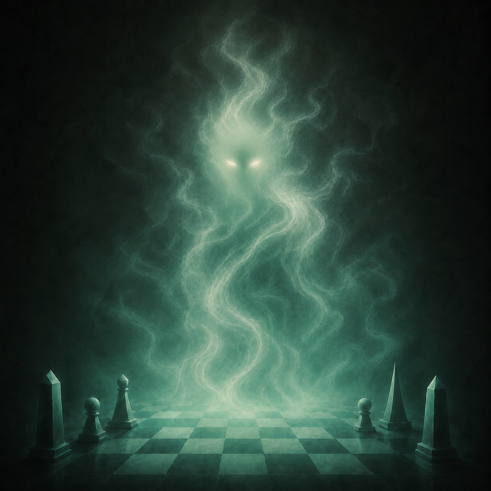 An ethereal presence rising in mist from a chessboard — the Misty engine.